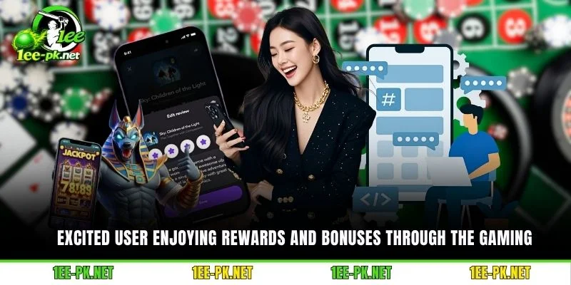 Excited user enjoying rewards and bonuses through the gaming
